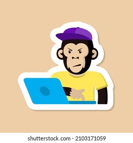 monkey color vector sticker. monkey in purple cap and yellow t shirt lokking at laptop with angry face cartoon sticker with white stroke isolated on beige background. monkey cartoon sticker
