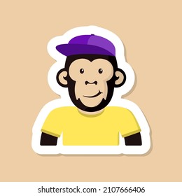 monkey color vector sticker. smiling monkey in purple cap and yellow t shirt cartoon sticker with white stroke isolated on beige background. monkey cartoon sticker