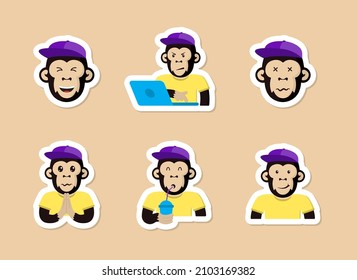 monkey color vector stickers. monkey in purple cap and yellow t shirt cartoon stickers with white stroke isolated on beige background. monkey cartoon stickers for your business