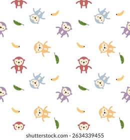 Monkey colorful cartoon so cute. On banana leaf white background. Pattern seamless vector illustration. 