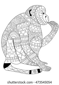 Monkey coloring book for adults vector illustration. Anti-stress coloring for adult. Zentangle style. Black and white. Lace pattern jocko