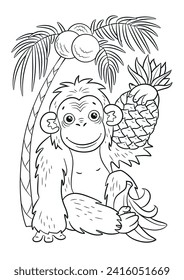 Monkey coloring page. Animal outline. Chimpanzee vector