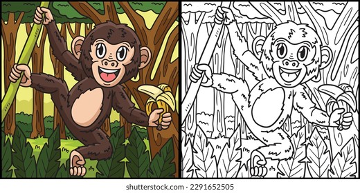 Monkey Coloring Page Colored Illustration