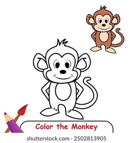 Monkey coloring page colored illustration, coloring book or coloring page for kids, monkey line drawing, monkey vector illustration