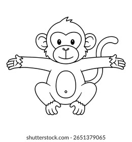 Uma página para colorir macacos para crianças. Ilustração em preto e branco de um macaco de desenho animado com os braços estendidos. Planilha de atividades imprimível para educação.