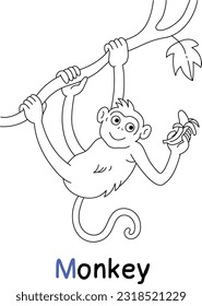 Monkey. Monkey Coloring Page. Summer Activity for Kids. Cartook Style Monkey.