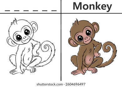 Monkey coloring pages for kids and learn to recognize letters, animal recognition card media for various games in early childhood learning