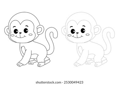 Páginas de coloração de macacos para crianças. Macaco de traço e cor. Cartão de animais da floresta dos macacos para crianças. As letras M são para macaco. Planilhas de jardim de infância e pré-escola imprimíveis para crianças. 