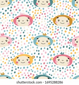 Monkey in confetti. Seamless pattern with cute animals faces. Childish print for nursery in a Scandinavian style. For baby clothes, interior, packaging. Vector cartoon illustration in pastel colors.