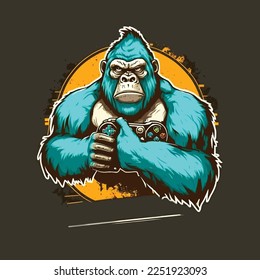 Monkey with console, esports mascot designs, gaming logo template, illustration