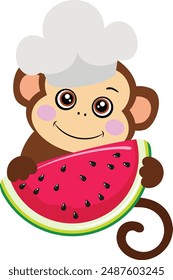 Monkey cook holding slice of fresh watermelon
