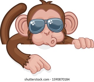 A monkey cool cartoon character animal wearing sunglasses peeking over a sign and pointing.