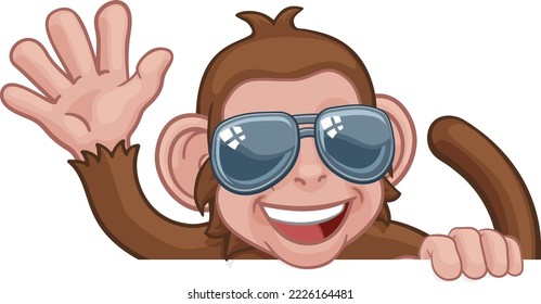 A monkey cool cartoon character animal wearing sunglasses peeking over a sign and waving
