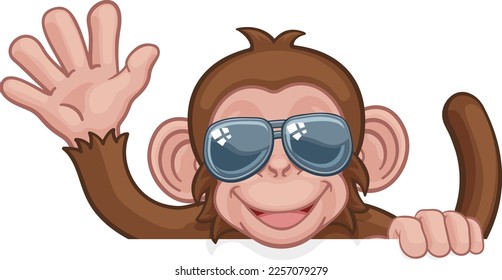 A monkey cool cartoon character animal wearing sunglasses peeking over a sign and waving