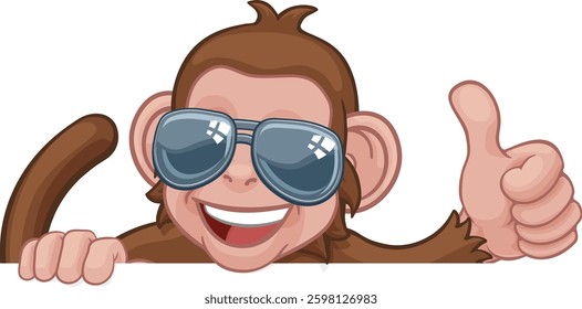 A monkey cool cartoon character animal wearing sunglasses peeking over a sign and giving a thumbs up