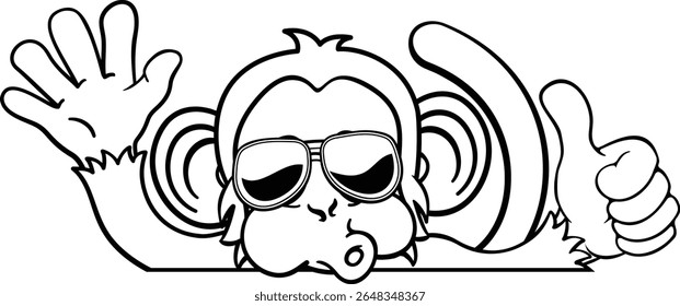 A monkey cool cartoon character animal wearing sunglasses peeking over a sign, waving and giving a thumbs up