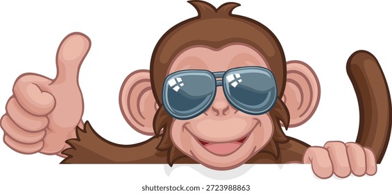 Un mono fresco personaje de dibujos animados animal con gafas de sol asomándose sobre un cartel y dando un pulgar hacia arriba.