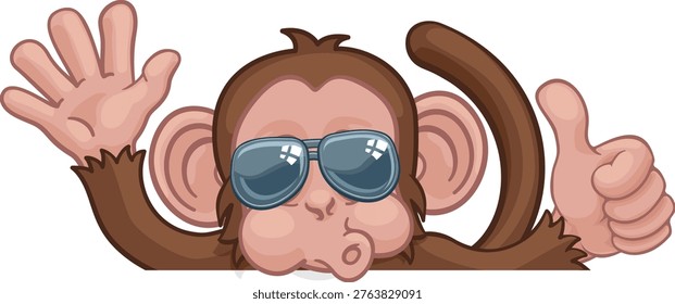 A monkey cool cartoon character animal wearing sunglasses peeking over a sign waving and giving a thumbs up.