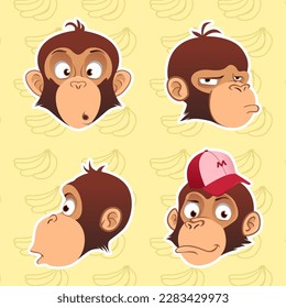 Monkey Cool Cute Expression Sheet Flat Vector Design Illustration