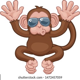 A monkey cool cute happy cartoon character animal wearing sunglasses waving with both hands