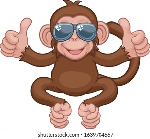 A monkey cool cute happy cartoon character animal wearing sunglasses giving a double thumbs up