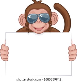 A monkey cool cute happy cartoon character animal wearing sunglasses and holding a blank sign with copy-space