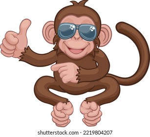 A monkey cool cute happy cartoon character animal wearing sunglasses pointing and giving a thumbs up