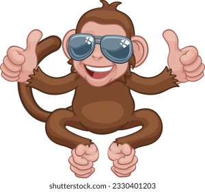 A monkey cool cute happy cartoon character animal wearing sunglasses giving a double thumbs up
