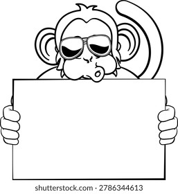 A monkey cool cute happy cartoon character animal wearing sunglasses and holding a blank sign with copy-space