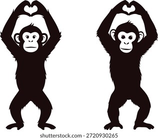 Pareja de mono que hace la forma del corazón, silueta del amor, Vector negro EPS