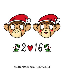 Monkey couple in Santa's hats, chinese new year 2016 symbol, cute vector animal characters isolated on white