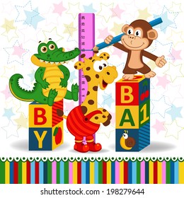 monkey and crocodile measure the growth of a giraffe - vector illustration, eps