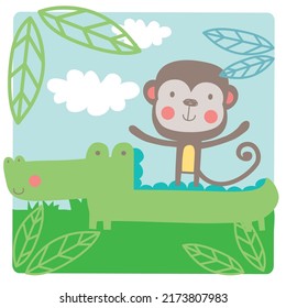 Monkey and crocodile safari landscape print