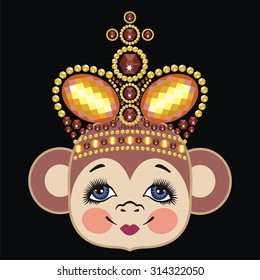 Monkey in the crown, monkey queen. Pattern head monkey. Chinese zodiac: 2016 year monkey. Winter Christmas design. Can be used for postcards, books, wallpaper, gift, t-shirt, poster, scrapbook.