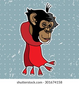 Monkey with crown, scarf and abstract grunge seamless pattern. Vector isolated elements.