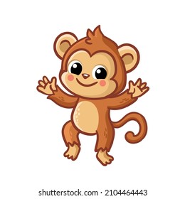 Monkey cub on a white background. Vector illustration with a monkey in cartoon style. Baby monkey.