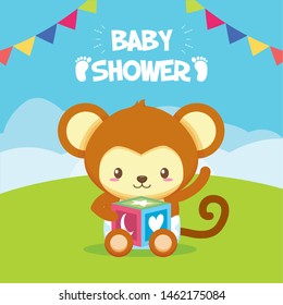 monkey with cube baby shower card vector illustration
