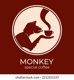 Monkey with a cup of coffee or tea. Logo or badge for coffee shops and cafes. Vector illustration. Special logo