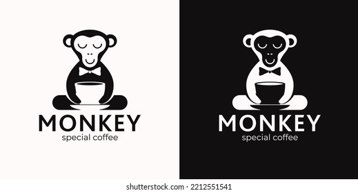 Monkey with a cup of coffee or tea. Logo or badge for coffee shops and cafes. Vector illustration. Special logo