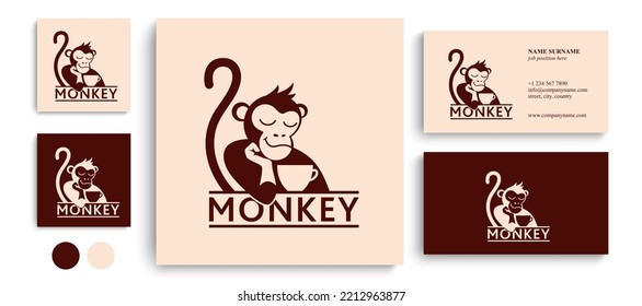 Monkey with a cup of coffee or tea. Logo or badge for coffee shops and cafes. Vector illustration. Special logo