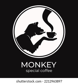 Monkey with a cup of coffee or tea. Logo or badge for coffee shops and cafes. Vector illustration. Special logo