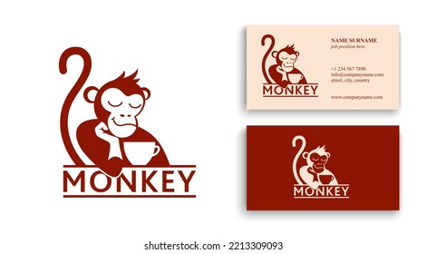 Monkey with a cup of coffee or tea. Logo or badge for coffee shops and cafes. Vector illustration. Special logo