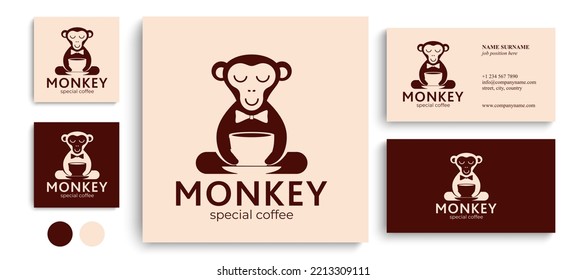 Monkey with a cup of coffee or tea. Logo or badge for coffee shops and cafes. Vector illustration. Special logo