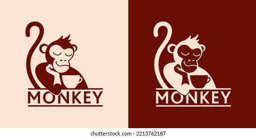 Monkey with a cup of coffee or tea. Logo or badge for coffee shops and cafes. Vector illustration. Special logo