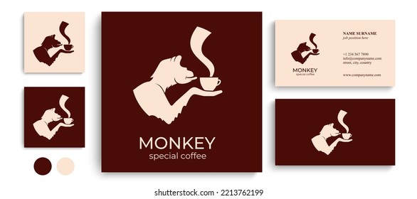 Monkey with a cup of coffee or tea. Logo or badge for coffee shops and cafes. Vector illustration. Special logo