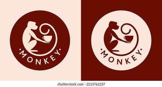 Monkey with a cup of coffee or tea. Logo or badge for coffee shops and cafes. Vector illustration. Special logo