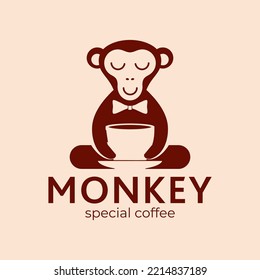 Monkey with a cup of coffee or tea. Logo or badge for coffee shops and cafes. Vector illustration. Special logo