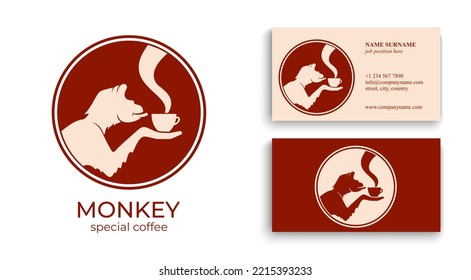 Monkey with a cup of coffee or tea. Logo or badge for coffee shops and cafes. Vector illustration. Special logo