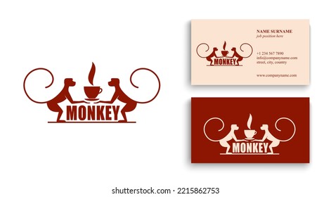 Monkey with a cup of coffee or tea. Logo or badge for coffee shops and cafes. Vector illustration. Special logo