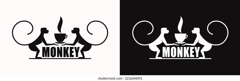 Monkey with a cup of coffee or tea. Logo or badge for coffee shops and cafes. Vector illustration. Special logo